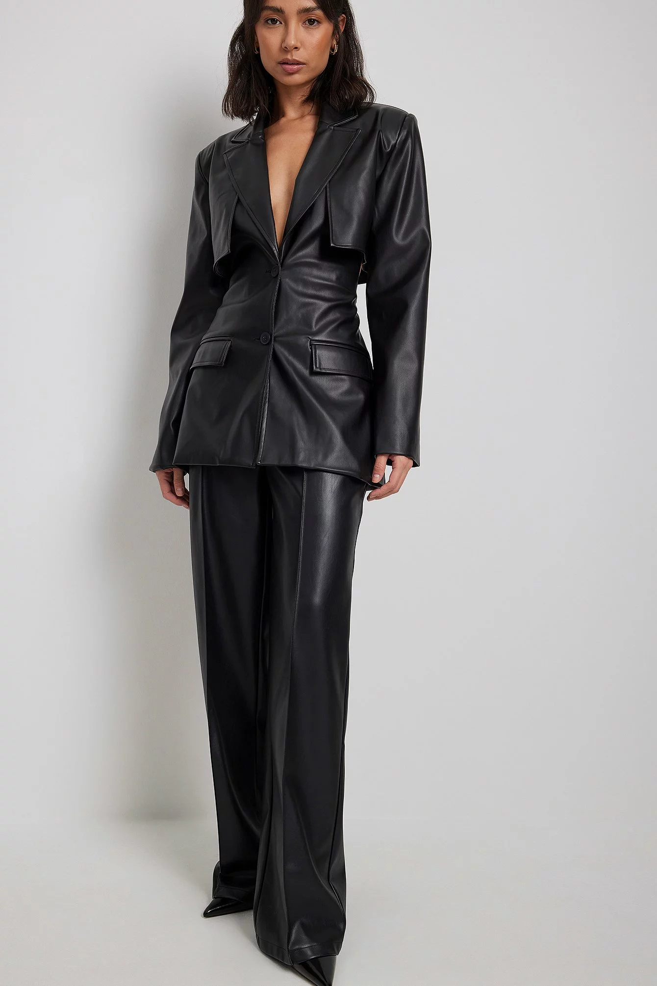 Angelica Blick X NA-KD Cut Out Fitted Waist PU Blazer - Image 4