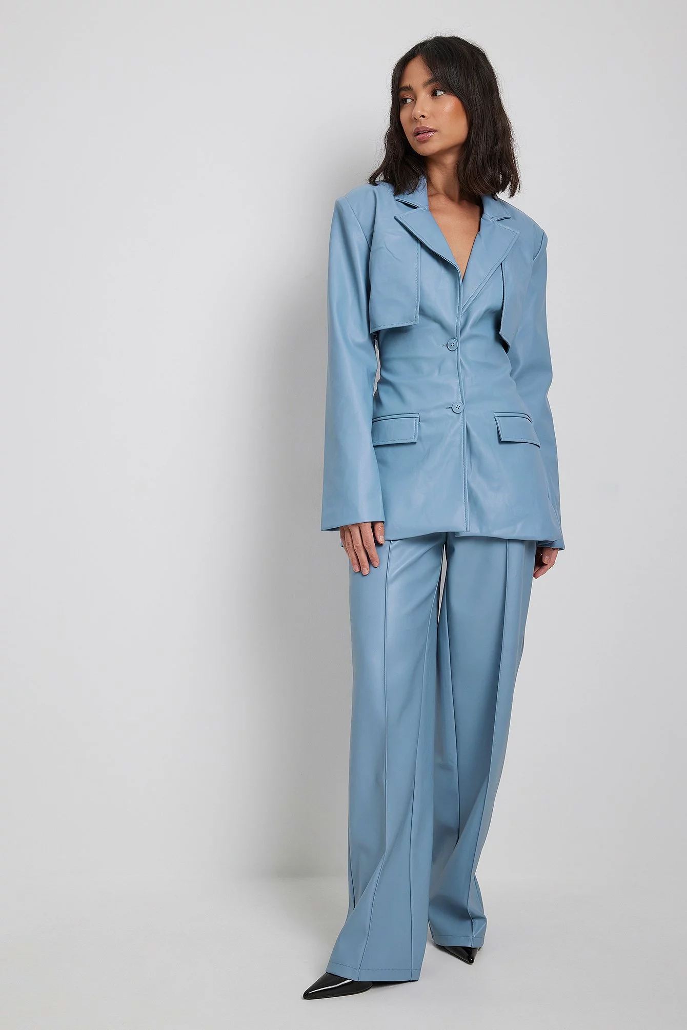 Angelica Blick X NA-KD Cut Out Fitted Waist PU Blazer - Image 9