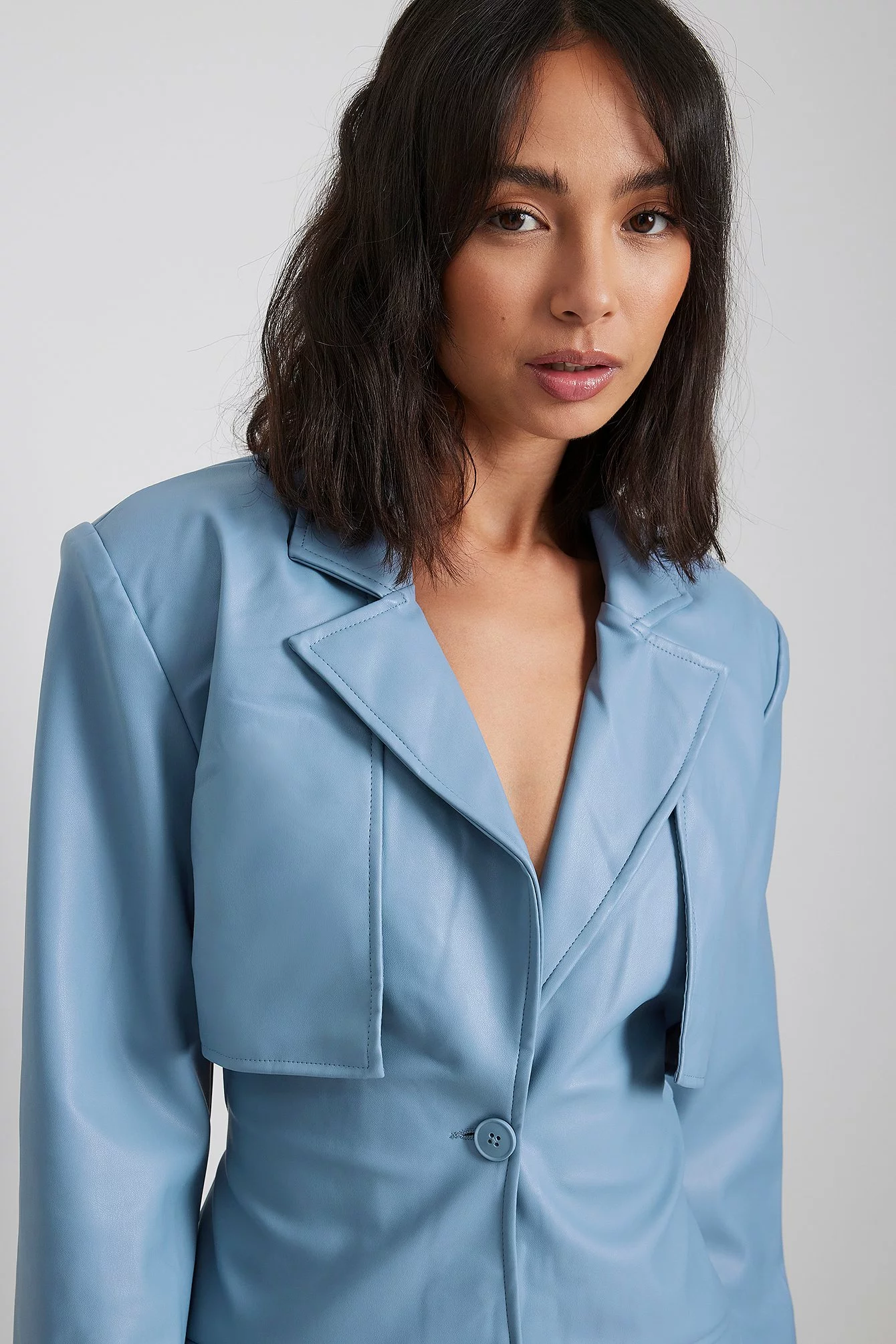 Angelica Blick X NA-KD Cut Out Fitted Waist PU Blazer - Image 8