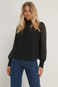 NA-KD Boho Dobby Smocked Frill Neck Blouse