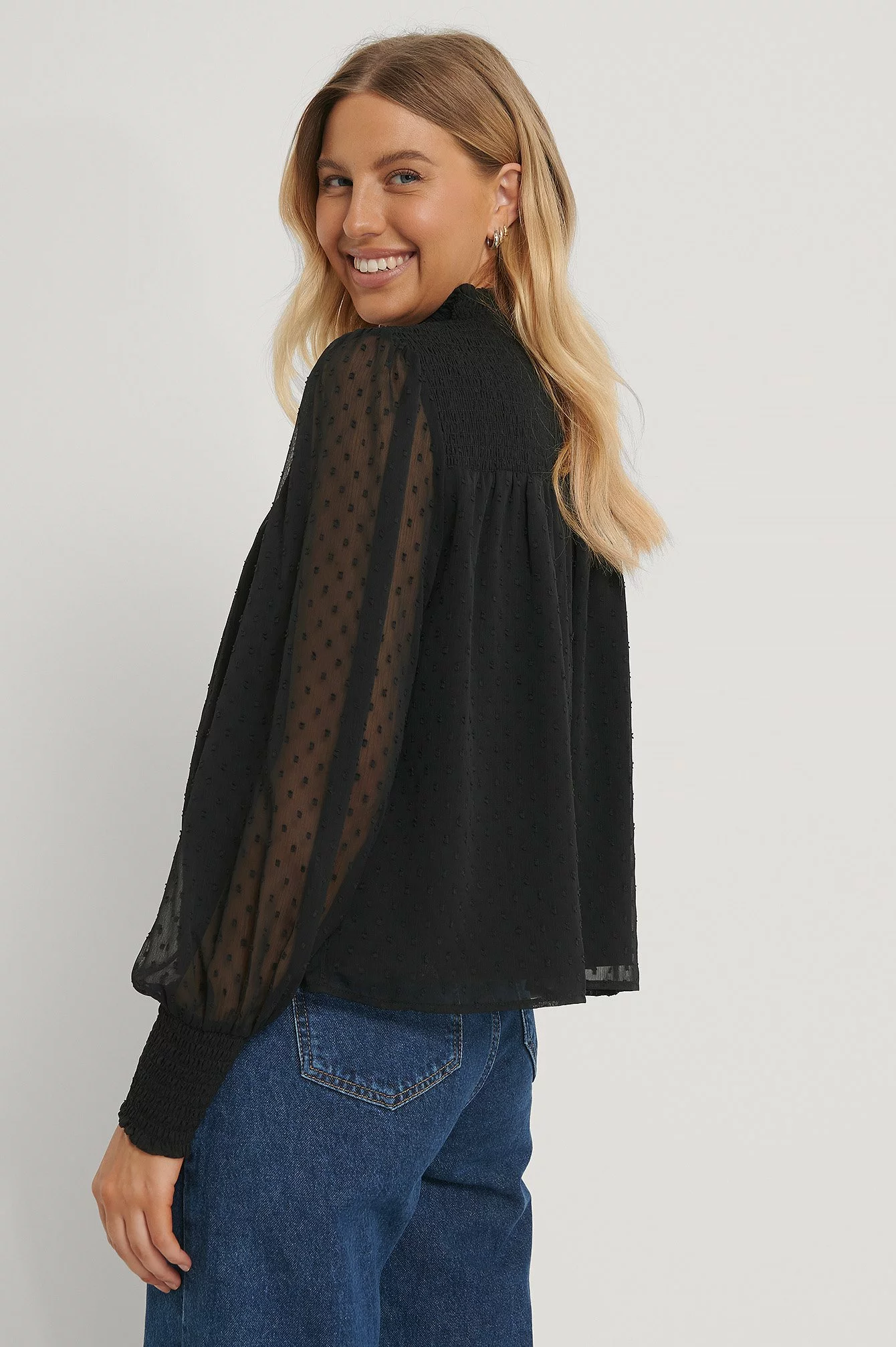 NA-KD Boho Dobby Smocked Frill Neck Blouse - Image 2