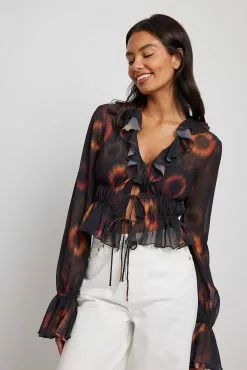 NA-KD Boho Frill Detail Chiffon Ls Blouse