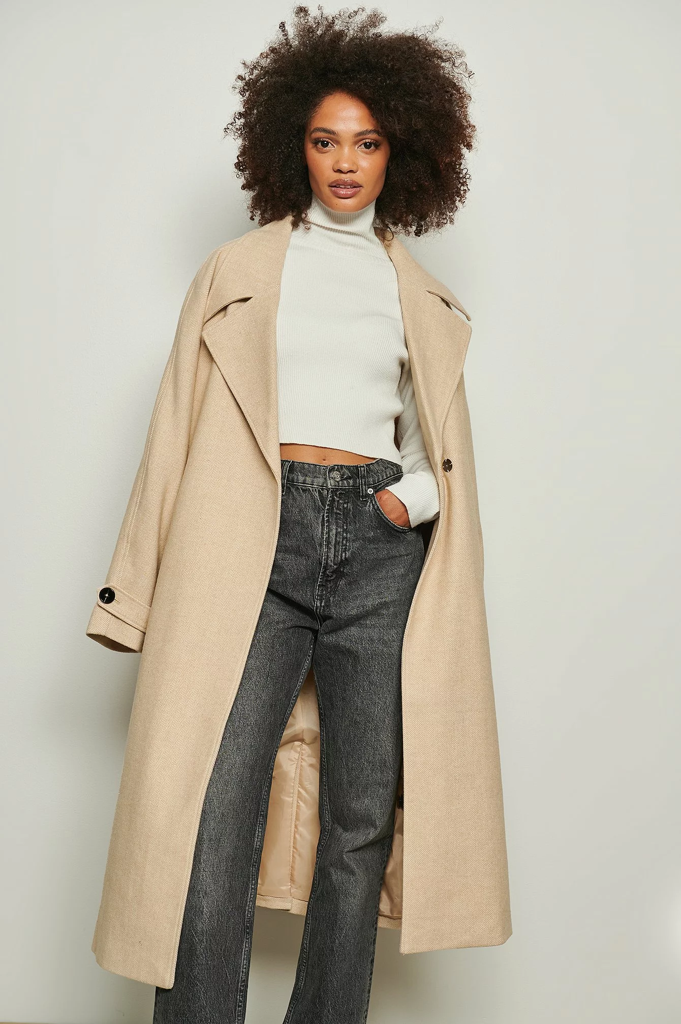 NA-KD Trend Herringbone Oversized Belted Coat - Image 2