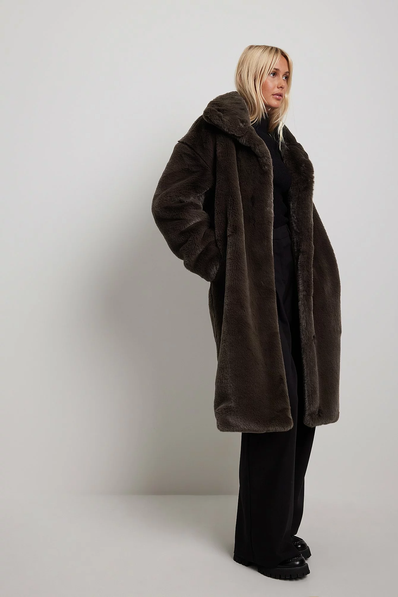 NA-KD High Neck Faux Fur Coat