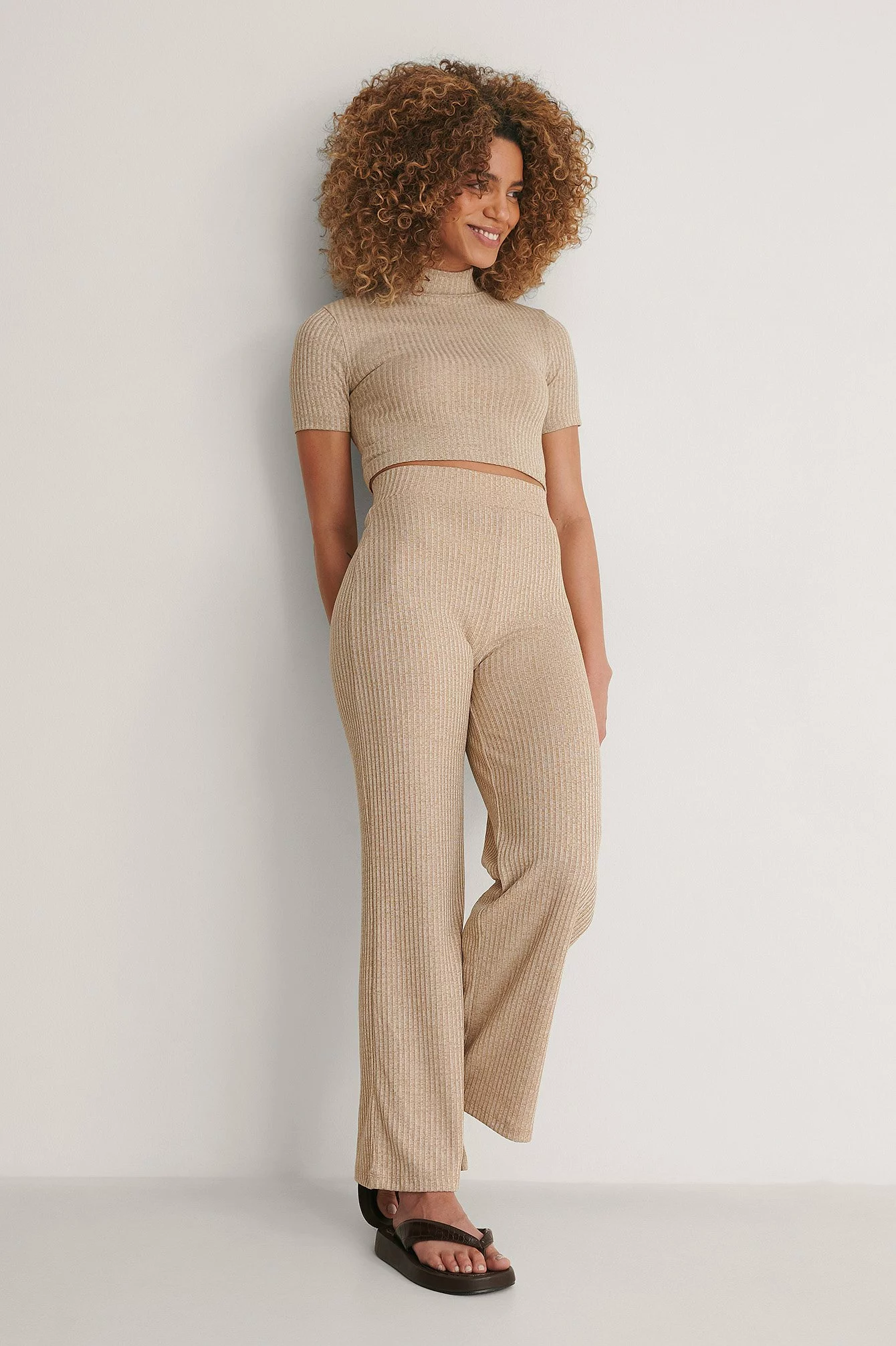 NA-KD Basic Recycled High Waist Ribbed Straight Pants