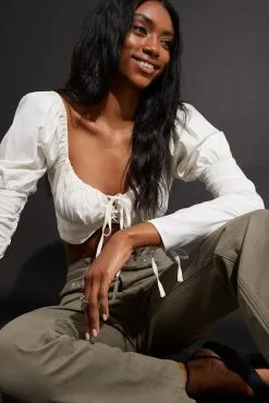 NA-KD Trend Linen Blend Lace Up Sleeve Blouse