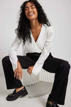 NA-KD Long Sleeve Overlap Satin Blouse