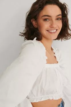 NA-KD Boho Recycled Long Sleeve Shirred Crop Top