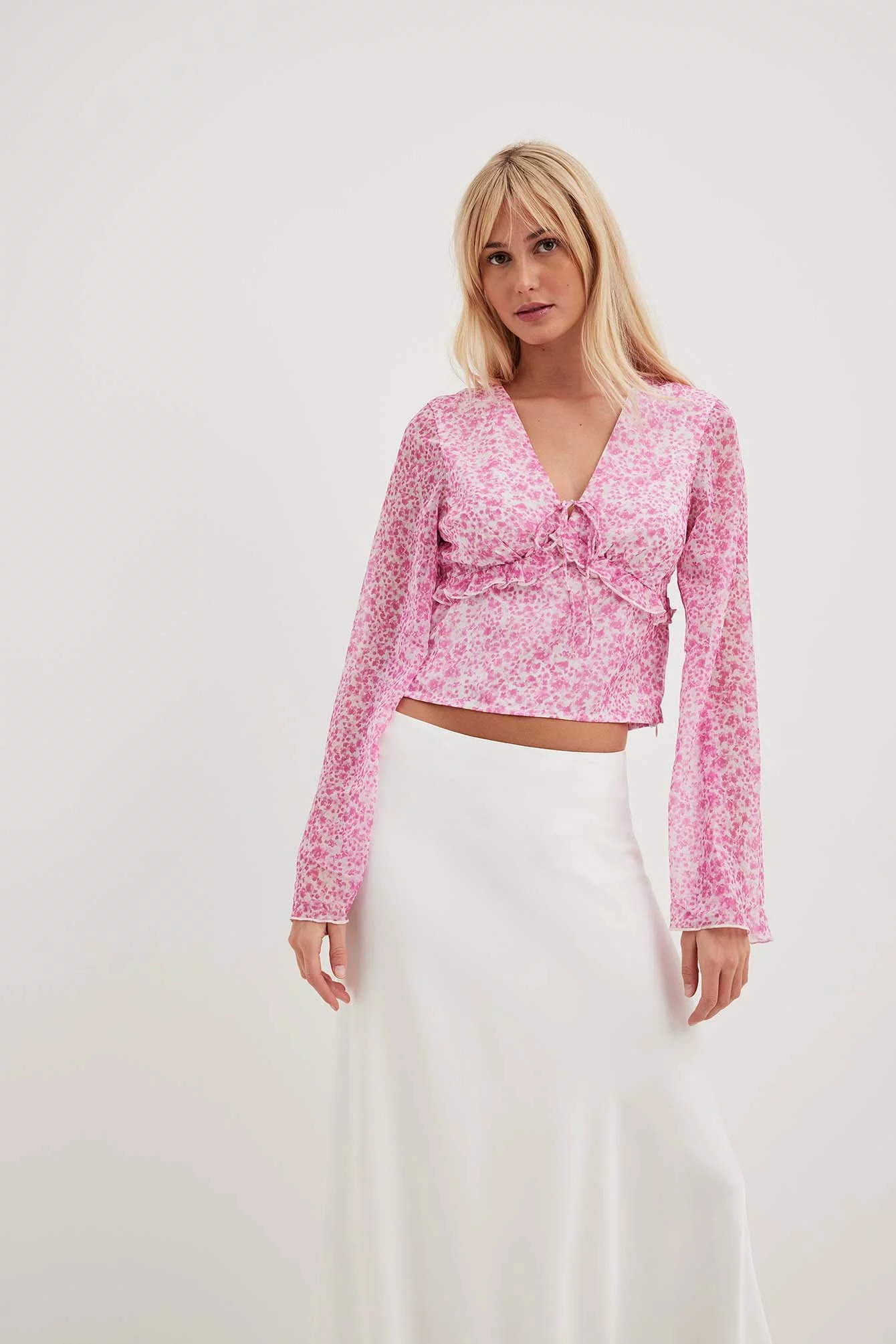 NA-KD Boho Printed Frill Detail Chiffon LS Blouse - Image 5