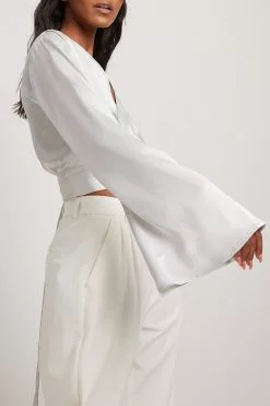 NA-KD Party Overlap Front Trumpet Sleeve Satin Blouse