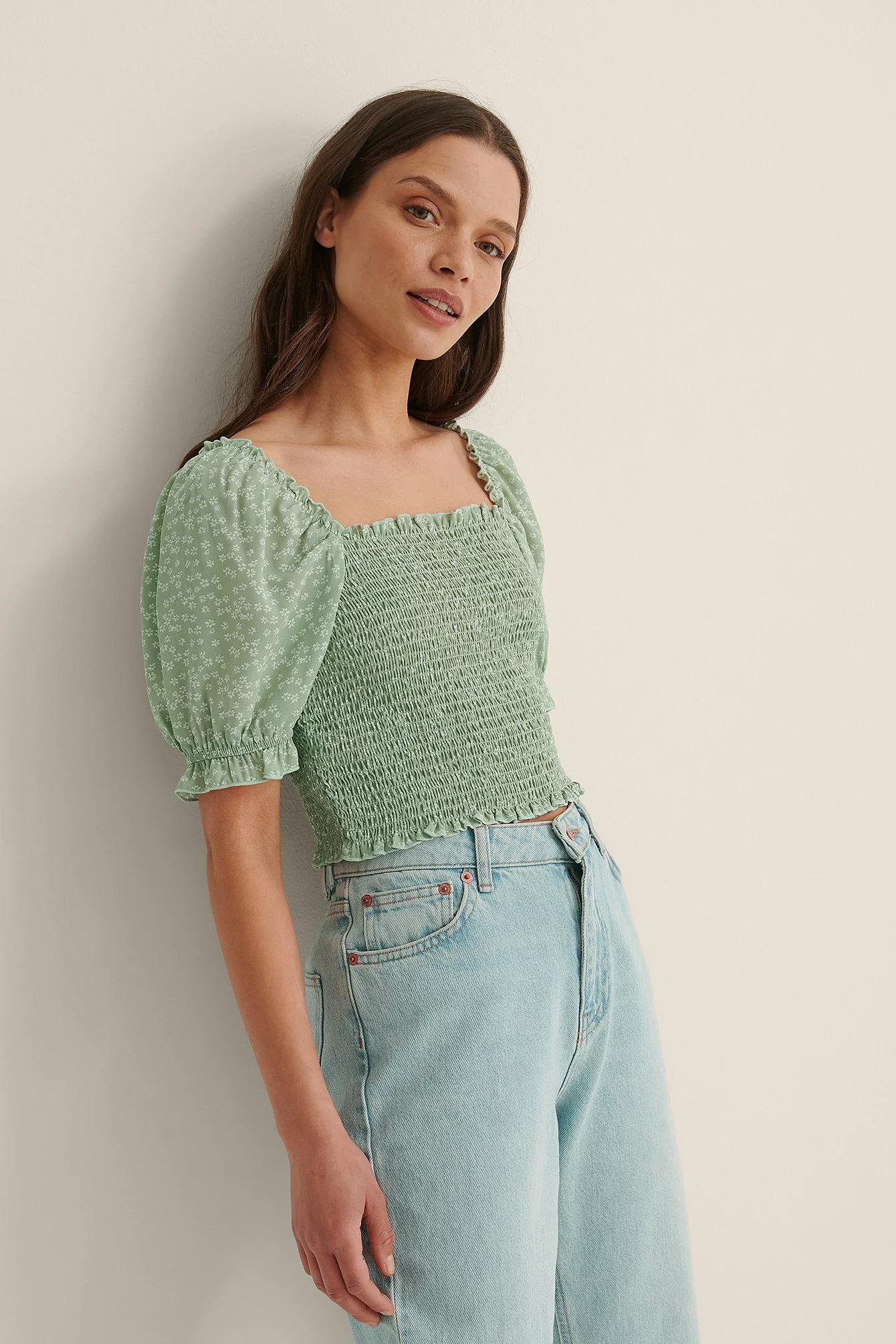 NA-KD Boho Cropped Puff Sleeve Smocked Top - Image 14