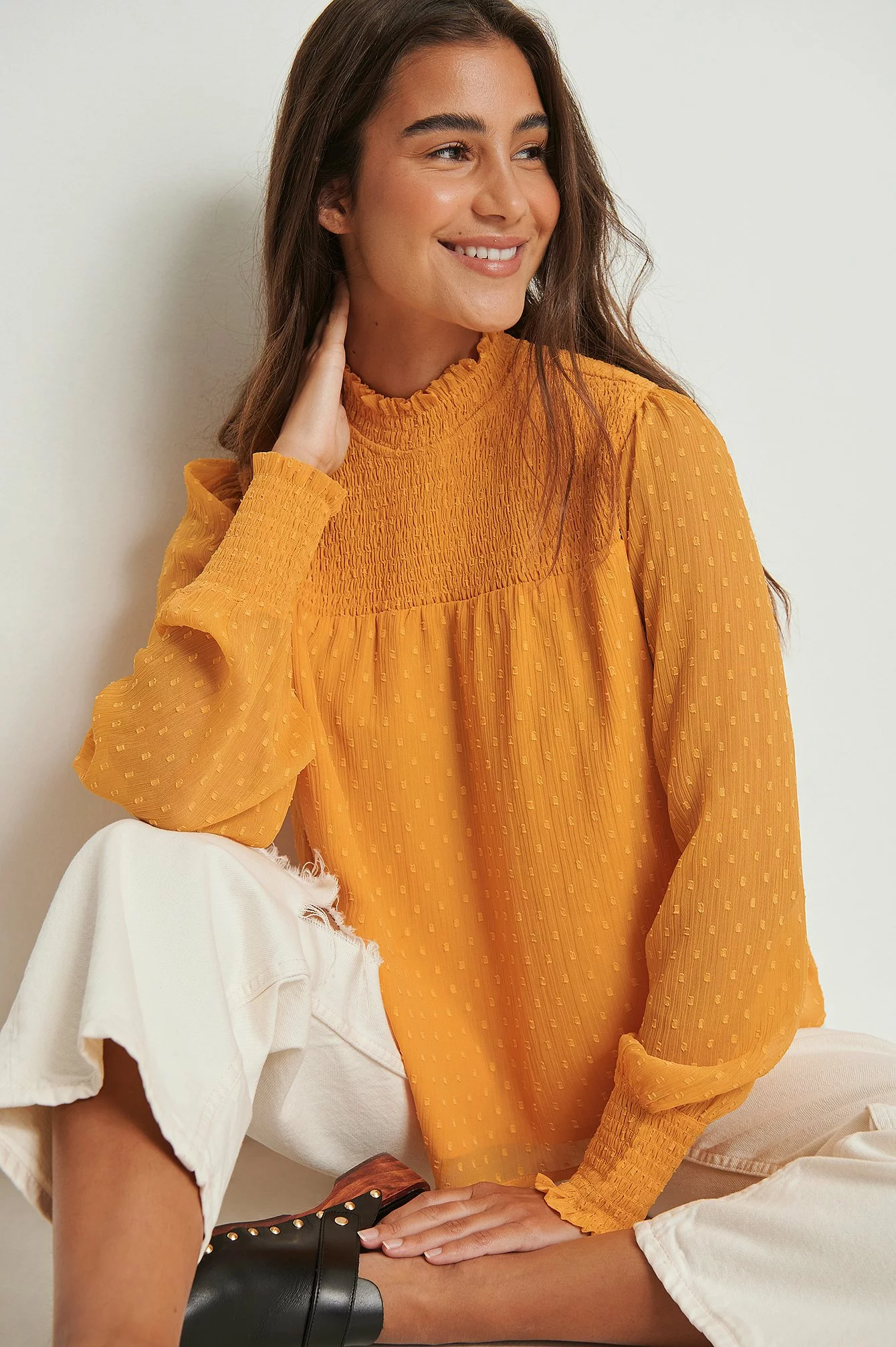 NA-KD Boho Recycled Dobby Smocked Frill Neck Blouse - Image 9