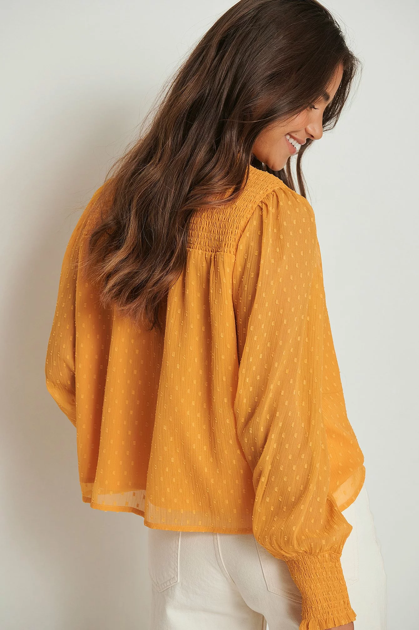 NA-KD Boho Recycled Dobby Smocked Frill Neck Blouse - Image 10