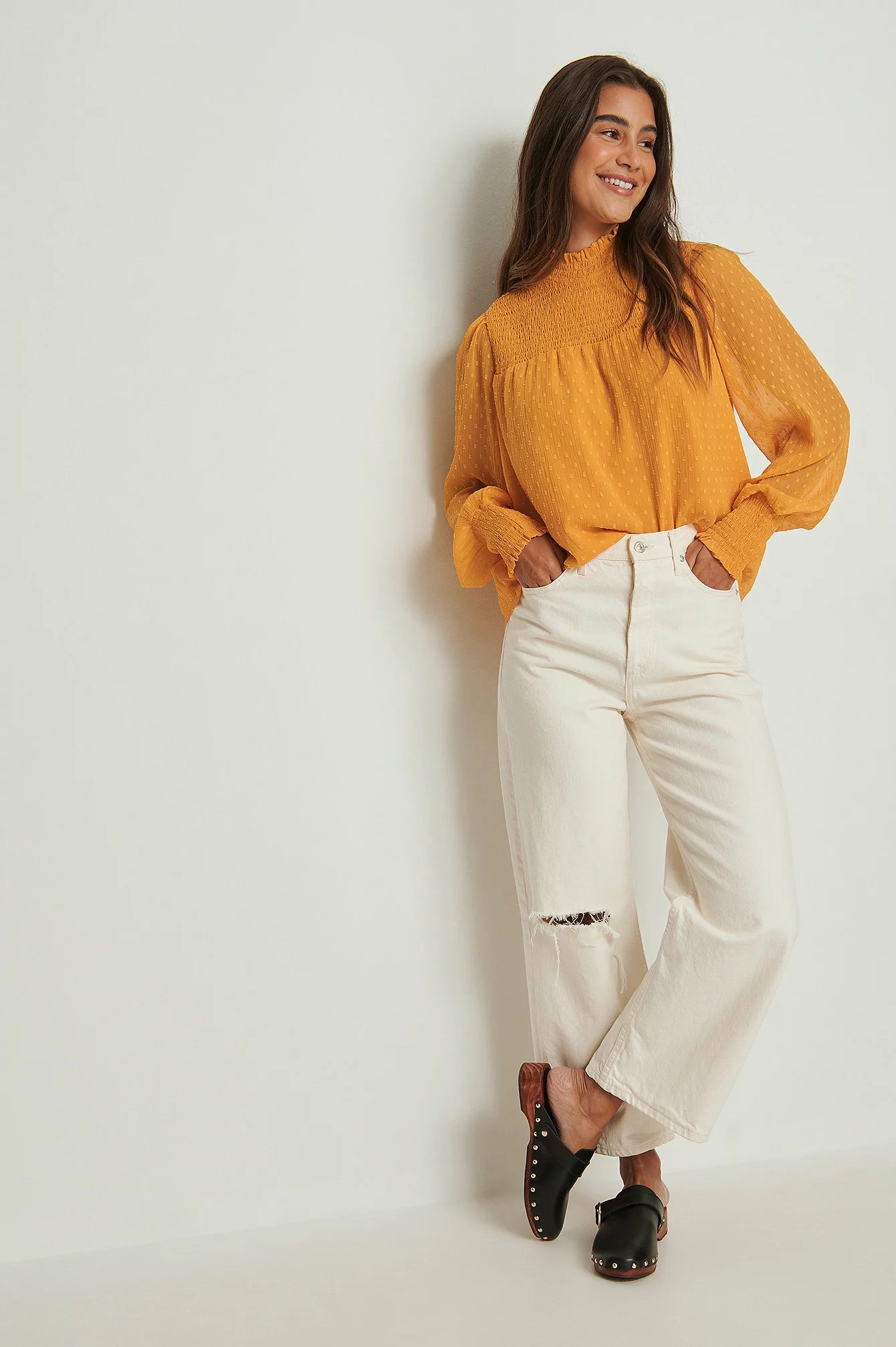 NA-KD Boho Recycled Dobby Smocked Frill Neck Blouse - Image 11