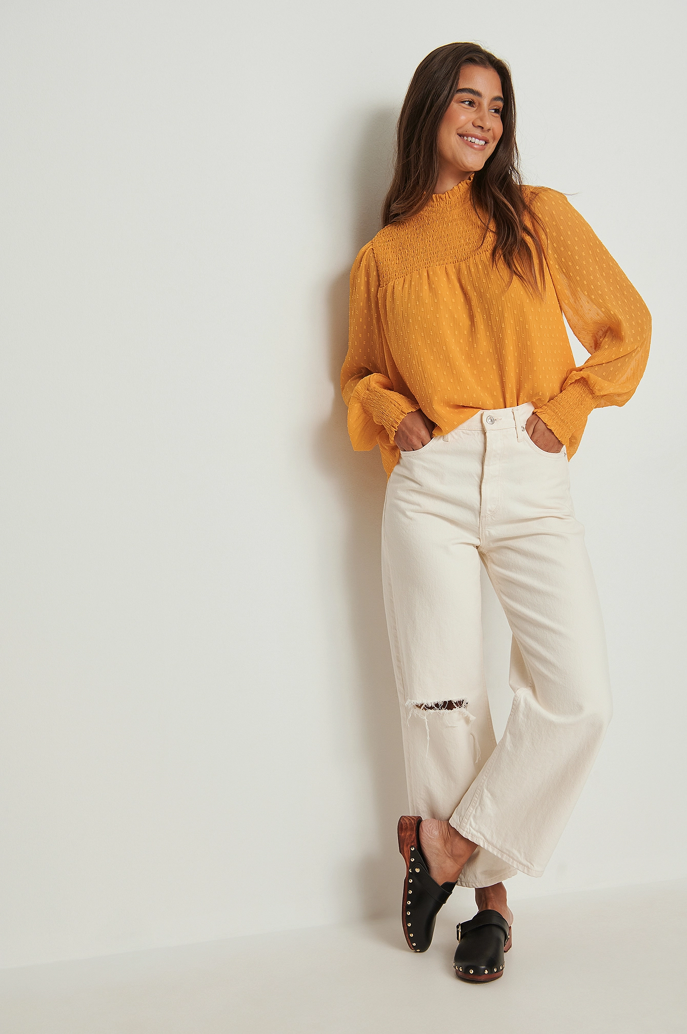 NA-KD Boho Recycled Dobby Smocked Frill Neck Blouse - Image 11