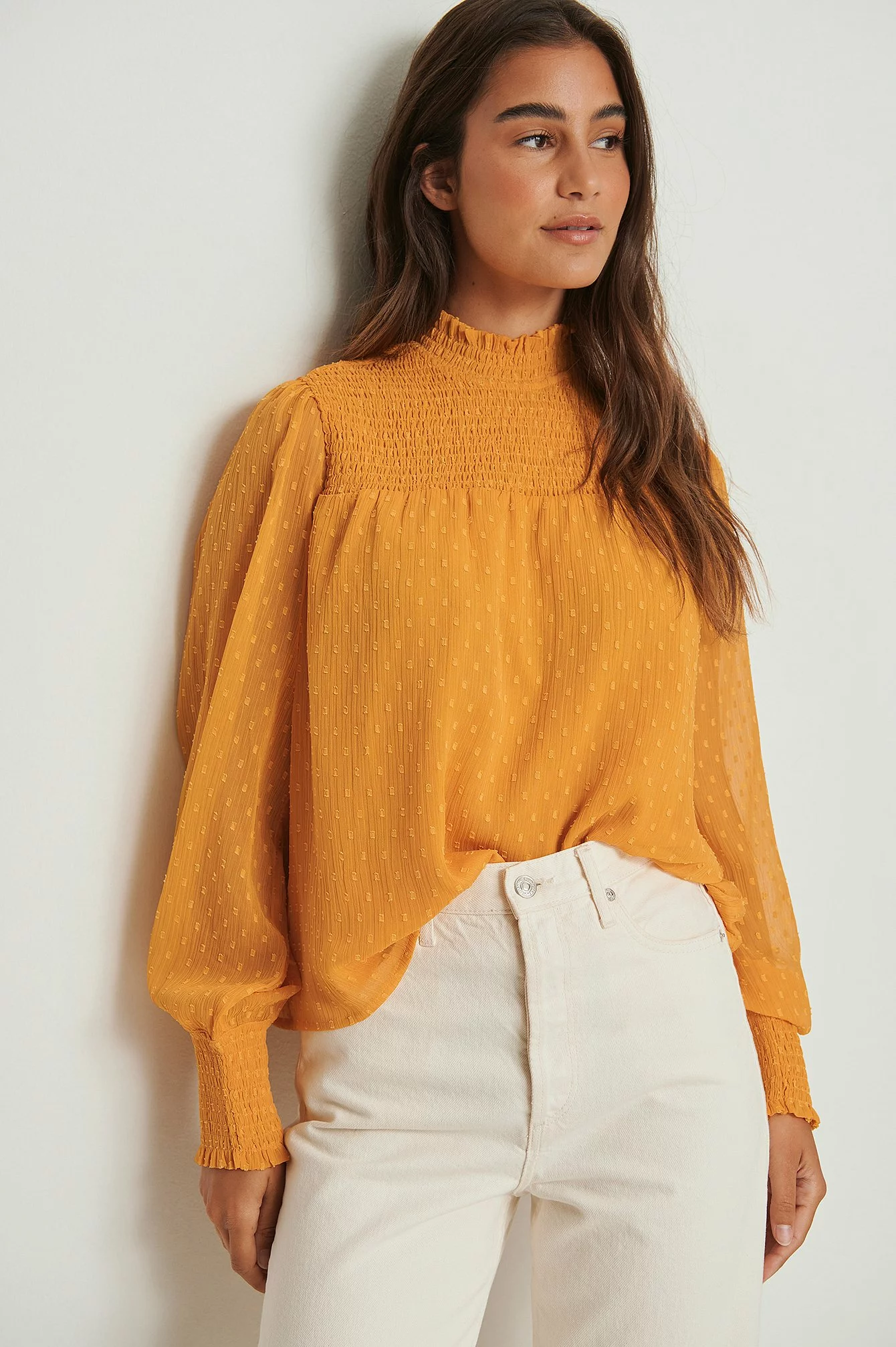 NA-KD Boho Recycled Dobby Smocked Frill Neck Blouse - Image 12