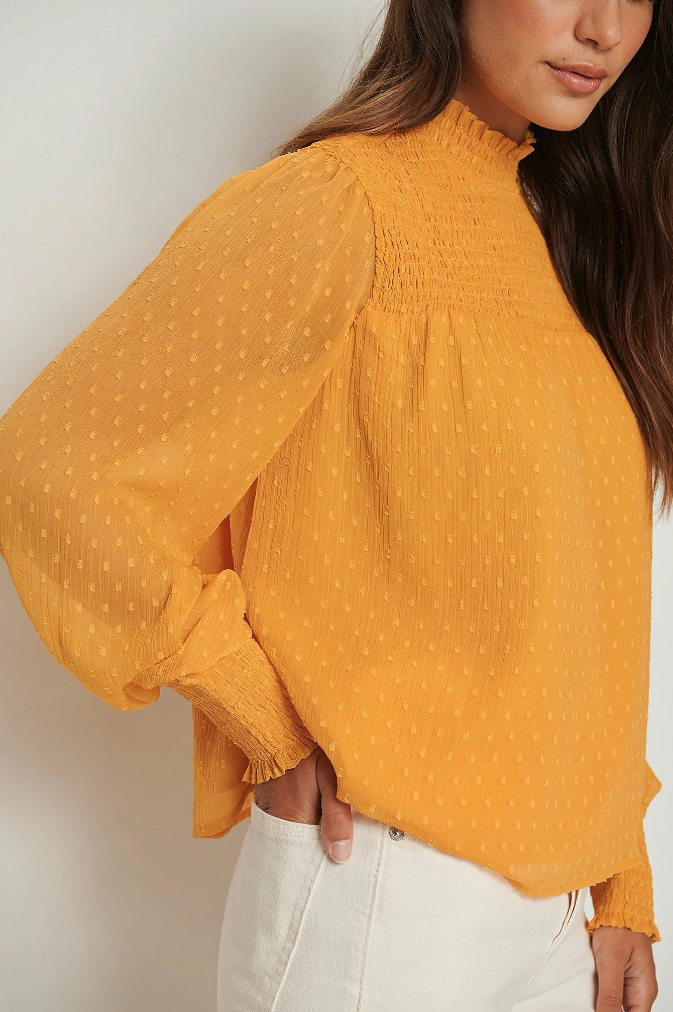 NA-KD Boho Recycled Dobby Smocked Frill Neck Blouse - Image 13