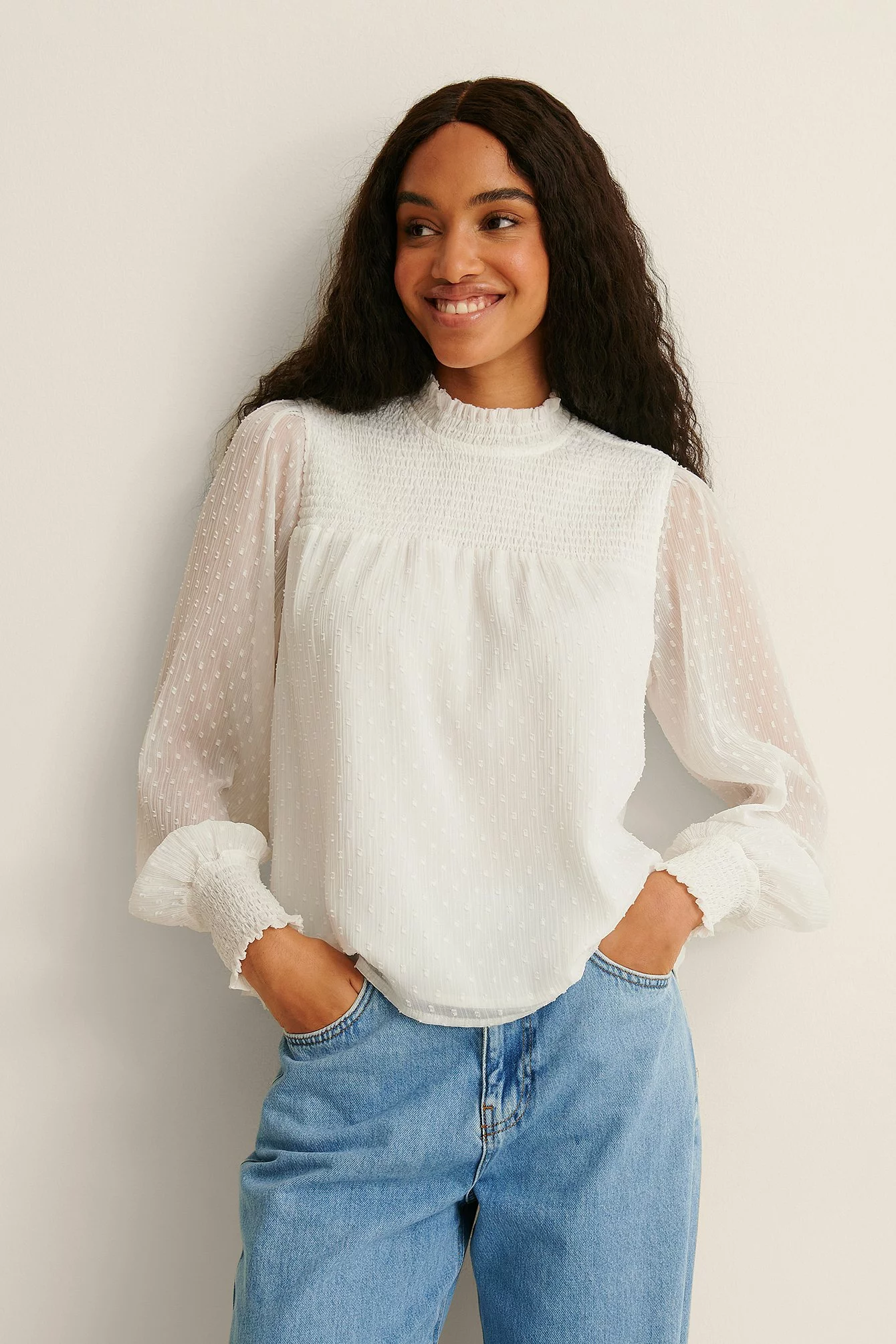 NA-KD Boho Recycled Dobby Smocked Frill Neck Blouse - Image 16