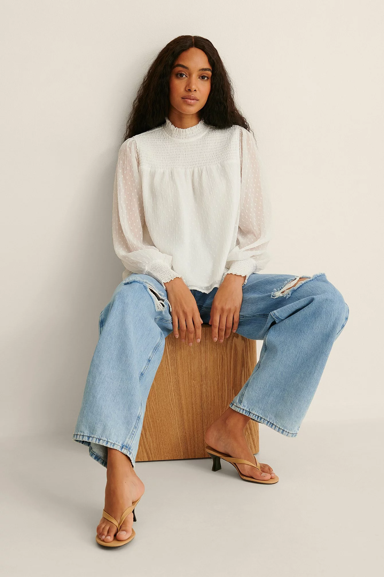 NA-KD Boho Recycled Dobby Smocked Frill Neck Blouse - Image 17