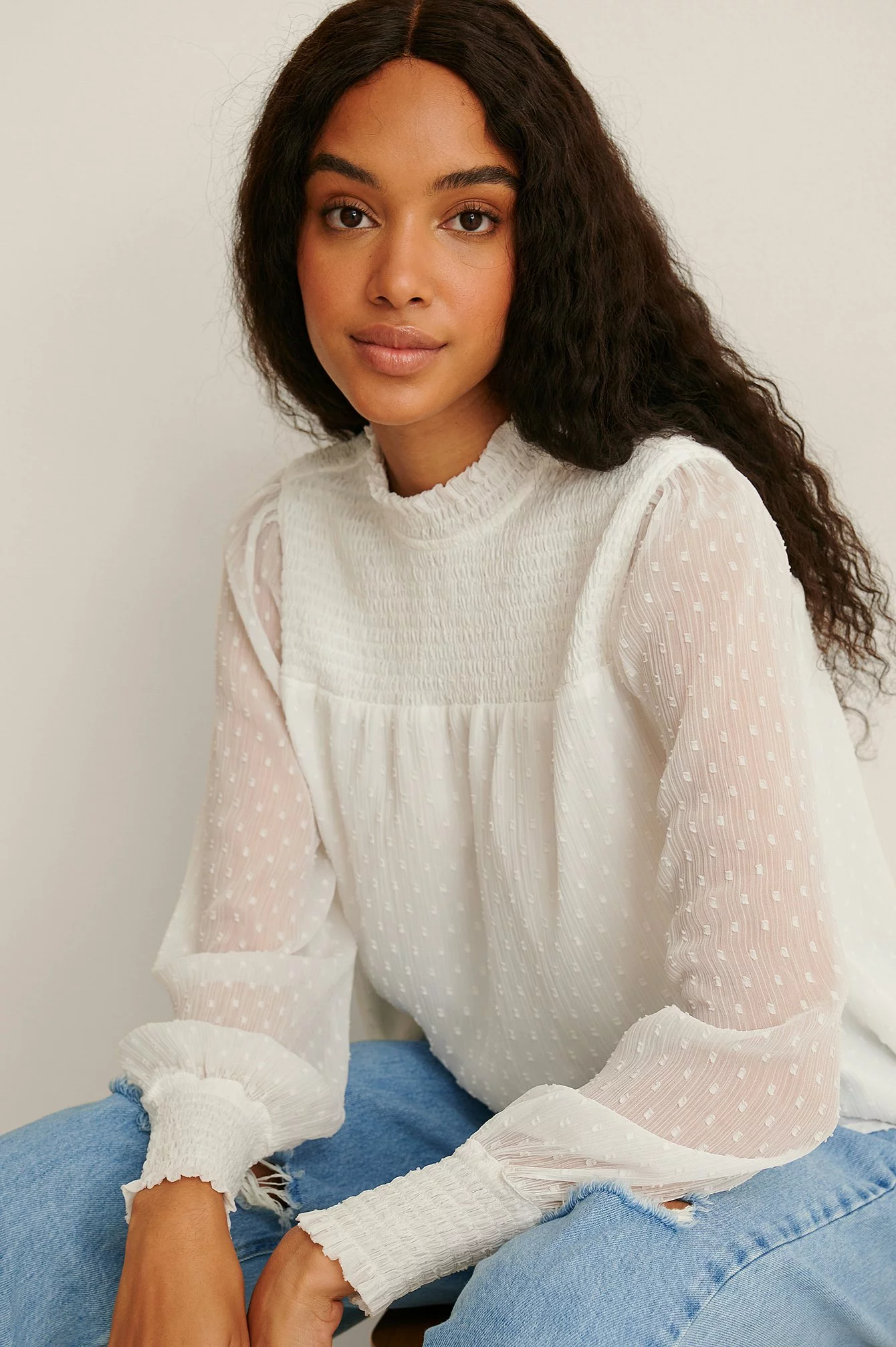 NA-KD Boho Recycled Dobby Smocked Frill Neck Blouse - Image 14