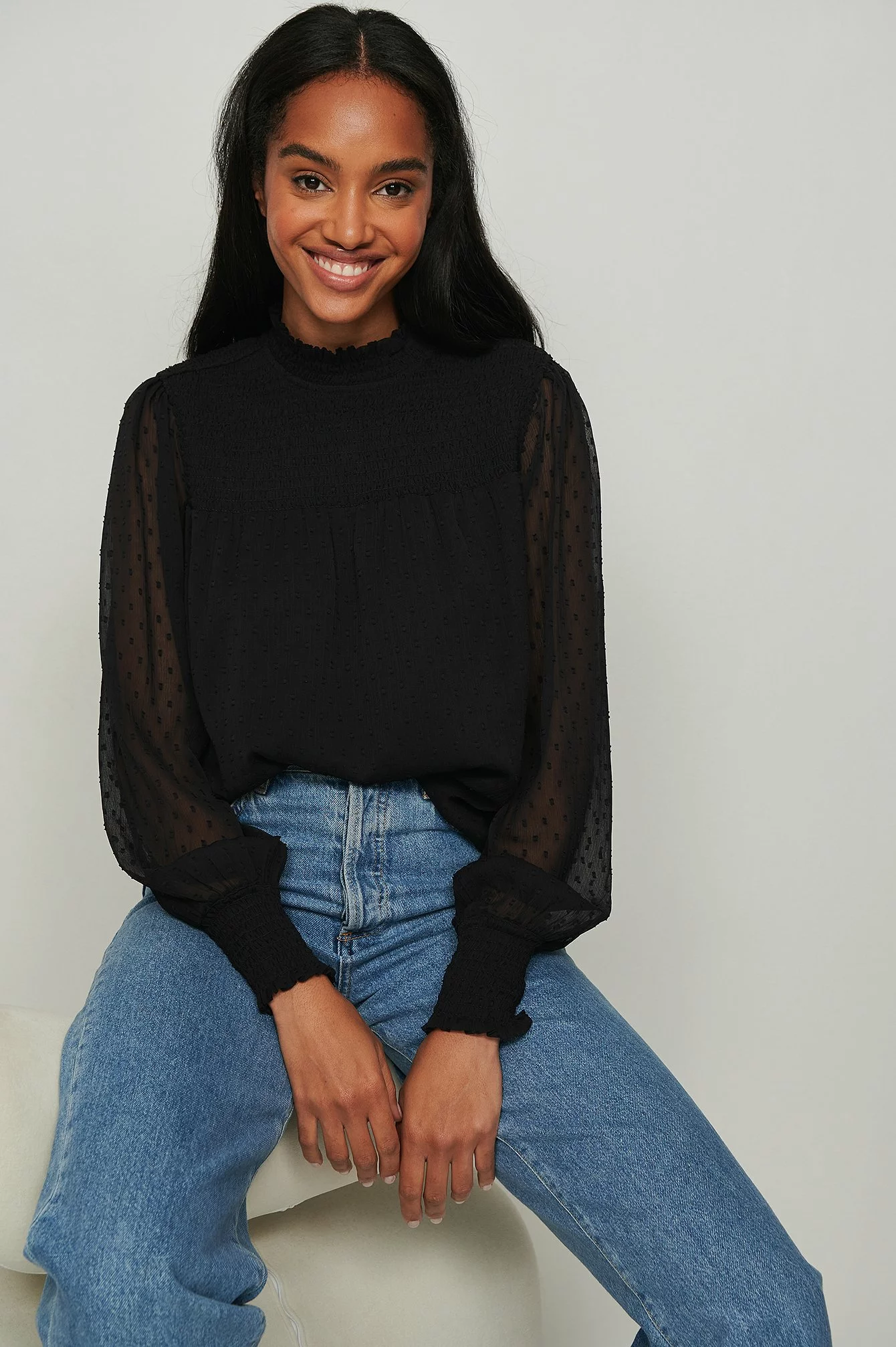 NA-KD Boho Recycled Dobby Smocked Frill Neck Blouse