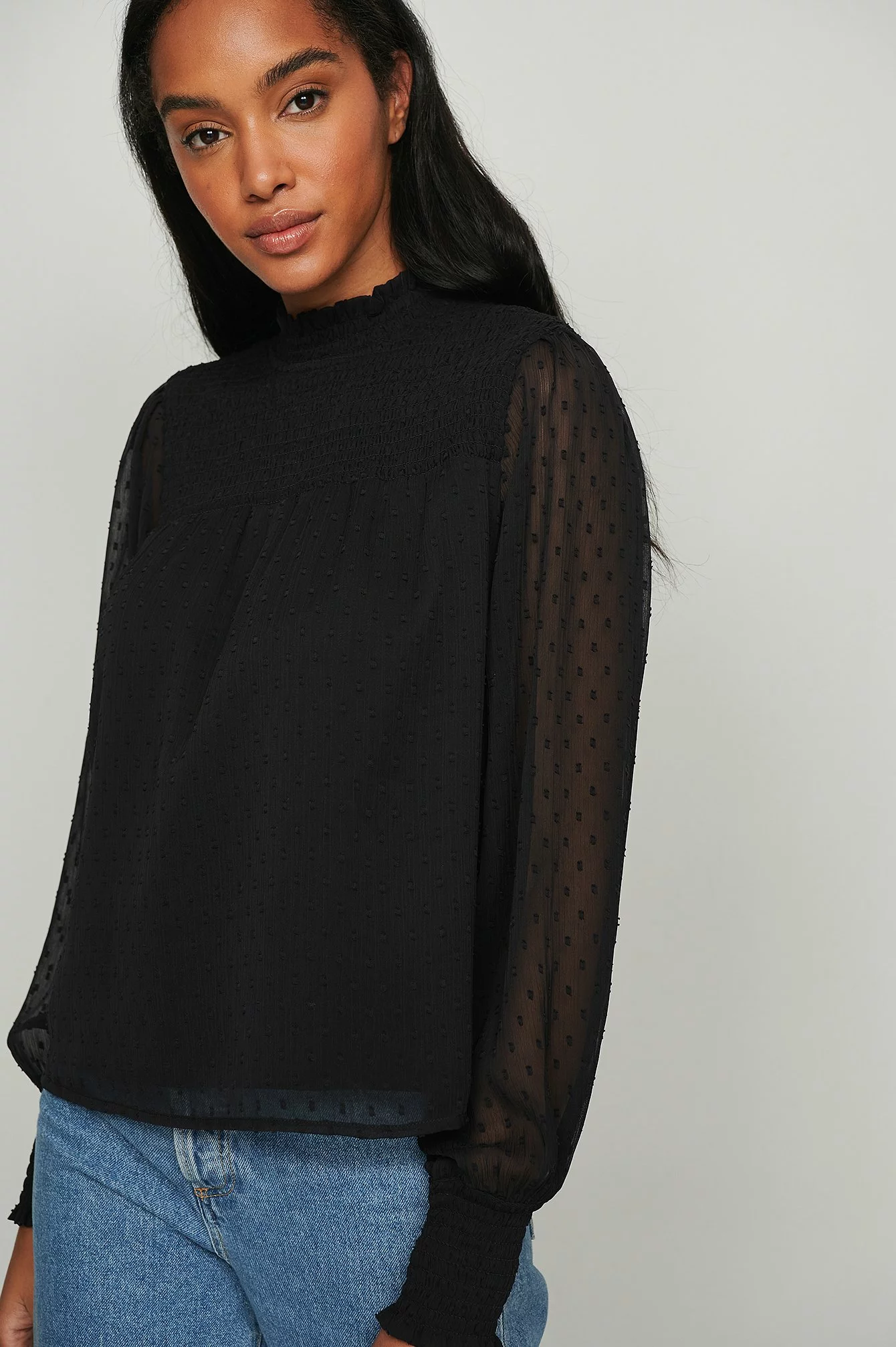 NA-KD Boho Recycled Dobby Smocked Frill Neck Blouse - Image 4