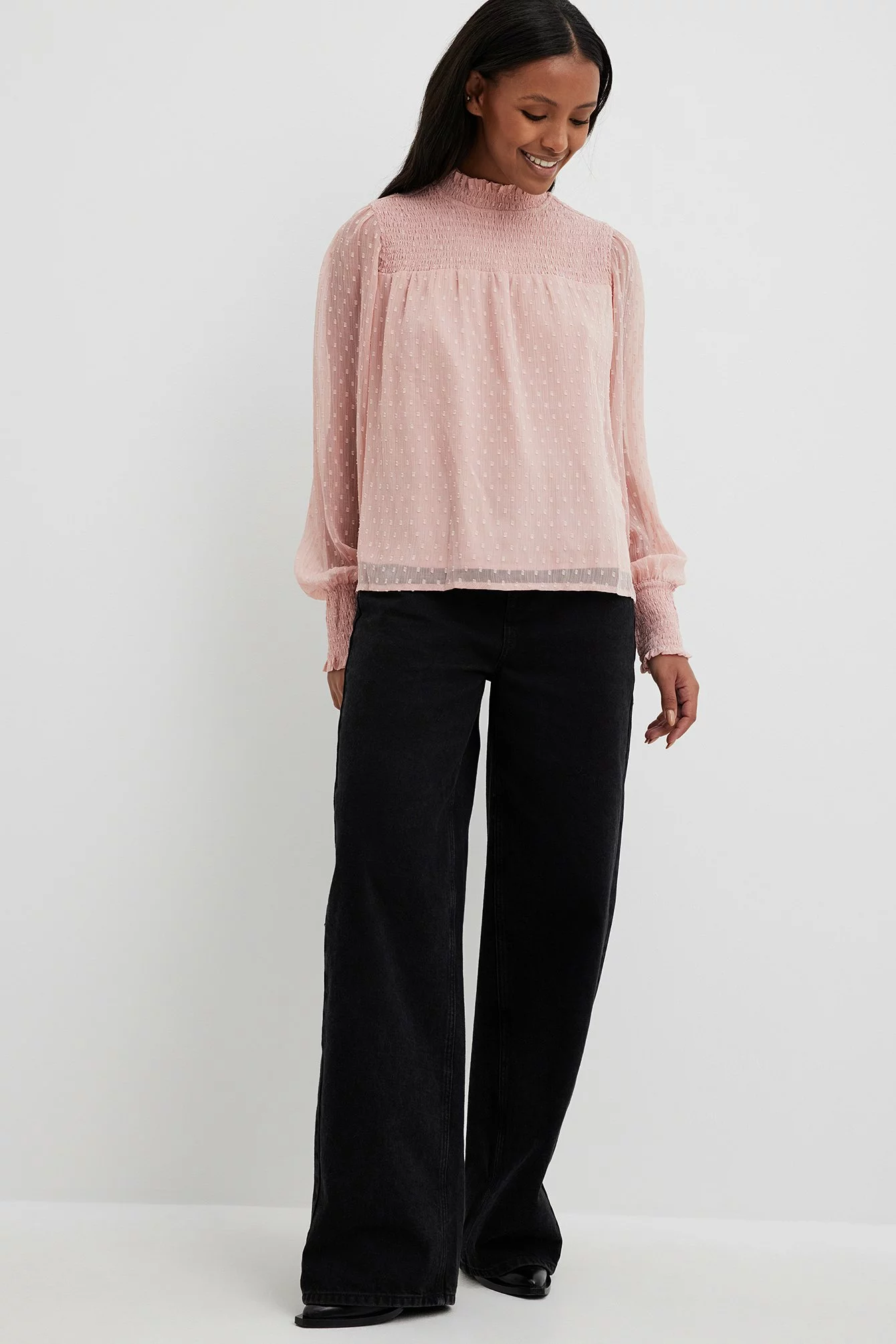 NA-KD Boho Recycled Dobby Smocked Frill Neck Blouse - Image 7