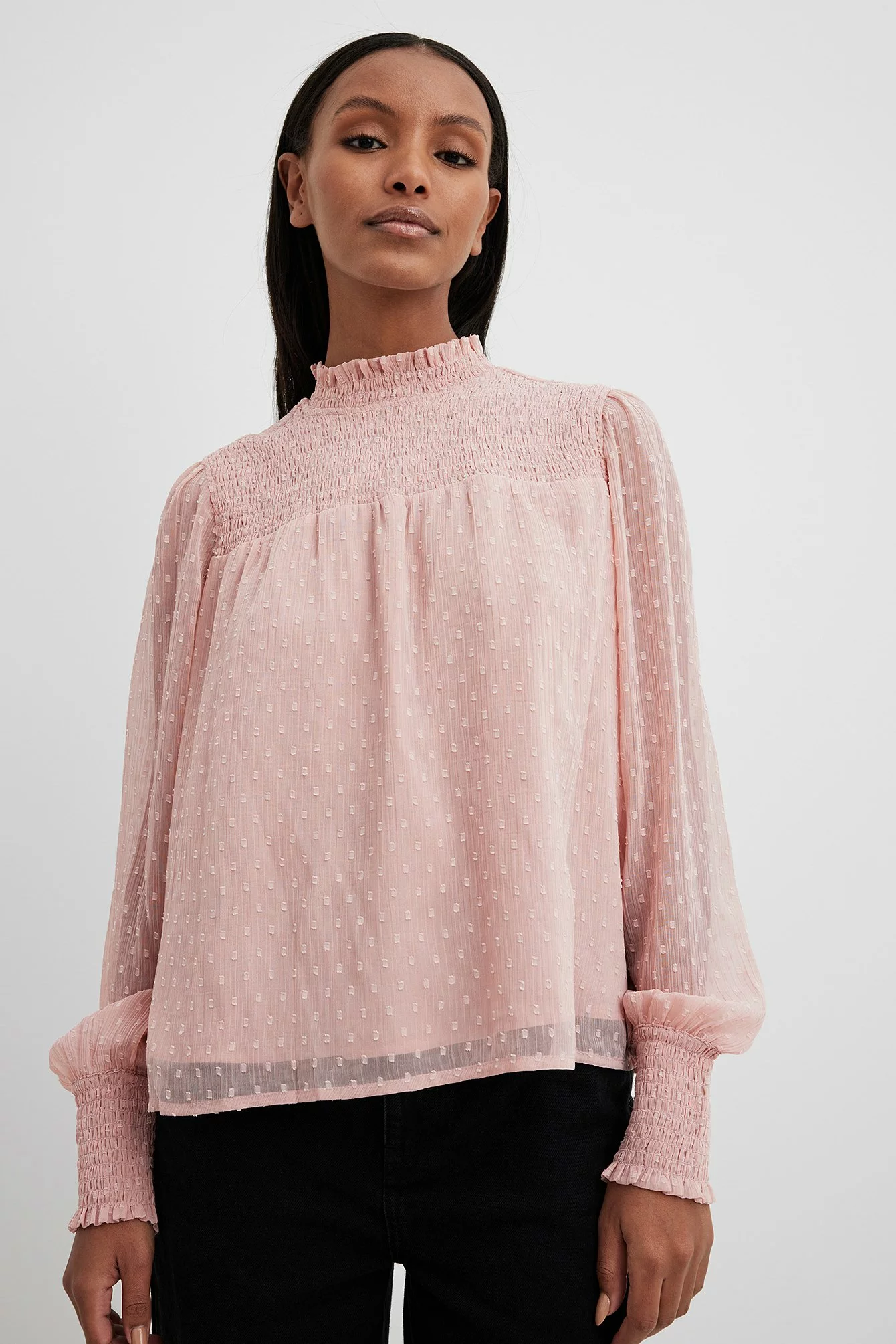 NA-KD Boho Recycled Dobby Smocked Frill Neck Blouse - Image 5