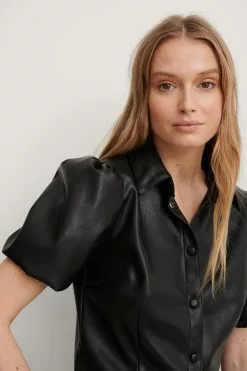 NA-KD Trend Short Puff Sleeve PU Blouse