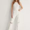 NA-KD Straight High Waist Raw Hem Destroyed Jeans