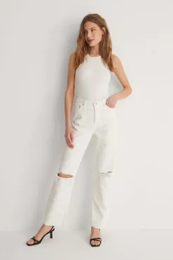 NA-KD Straight High Waist Raw Hem Destroyed Jeans