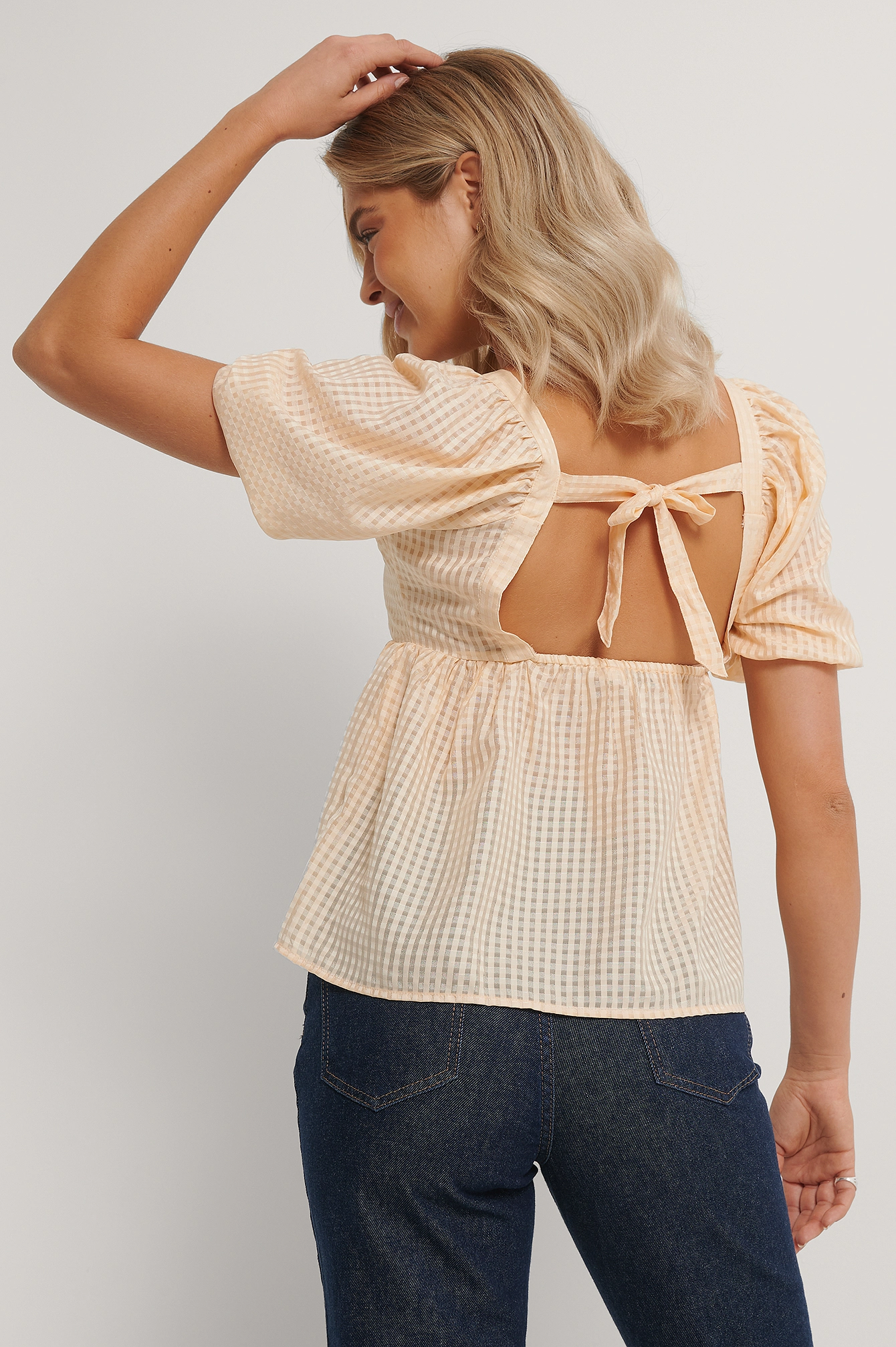 NA-KD Boho Structured Check Puff Blouse - Image 2