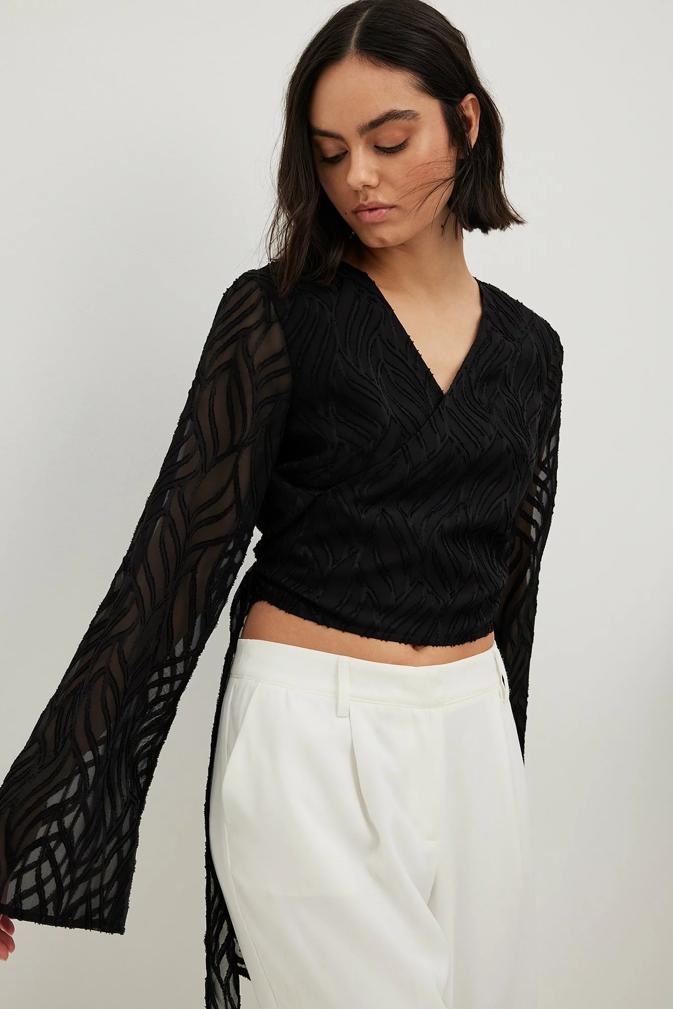NA-KD Structured Trumpet Sleeve Wrap Blouse - Image 6