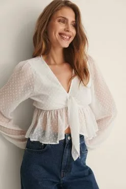 NA-KD Tie Front LS Dobby Blouse