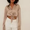 NA-KD Party Tie Front Satin LS Blouse