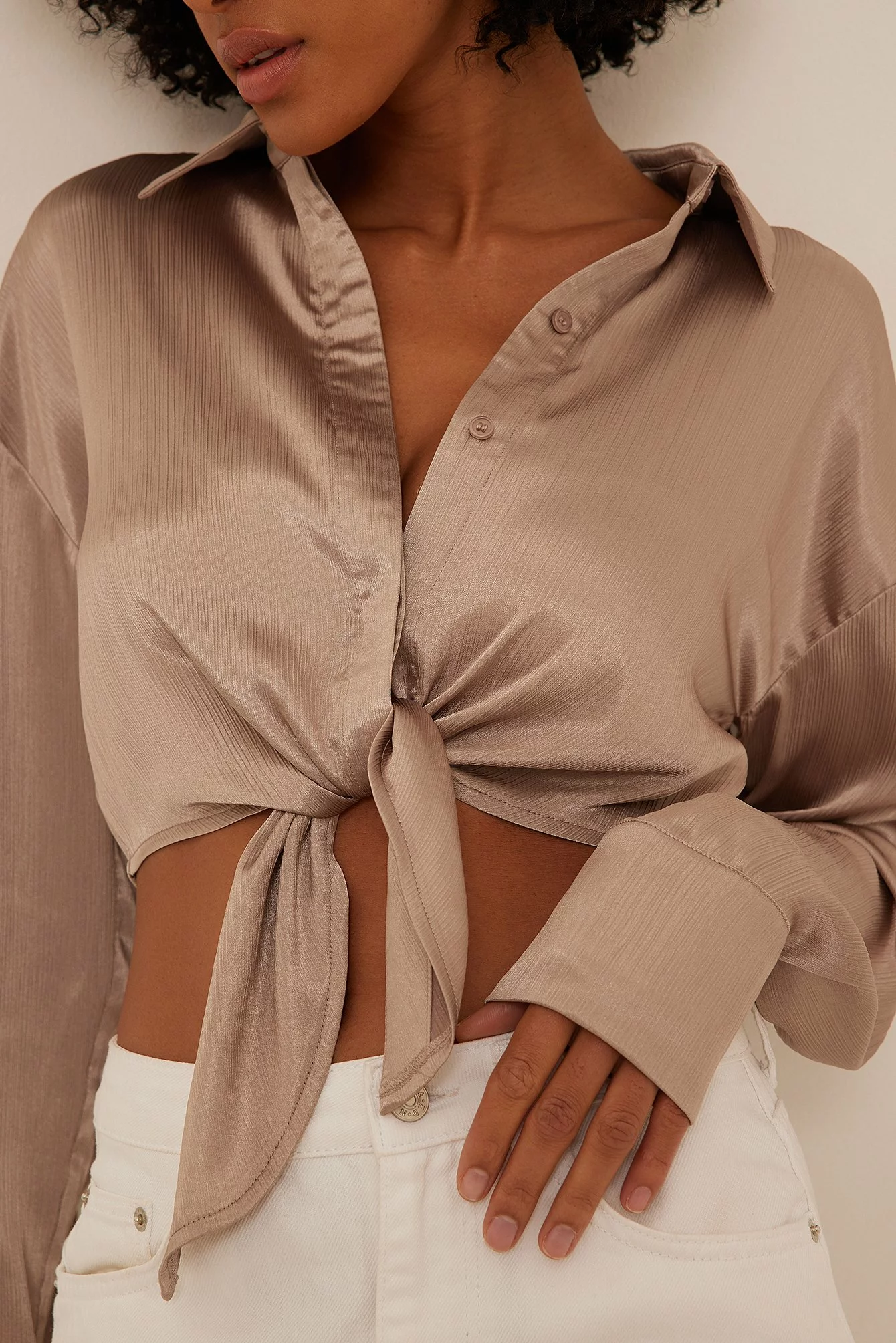 NA-KD Party Tie Front Satin LS Blouse - Image 3
