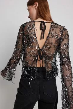 NA-KD Party Tie Back Sequin Blouse