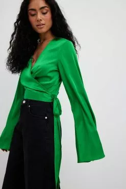 NA-KD Trumpet Sleeve Wrap Front Satin Blouse