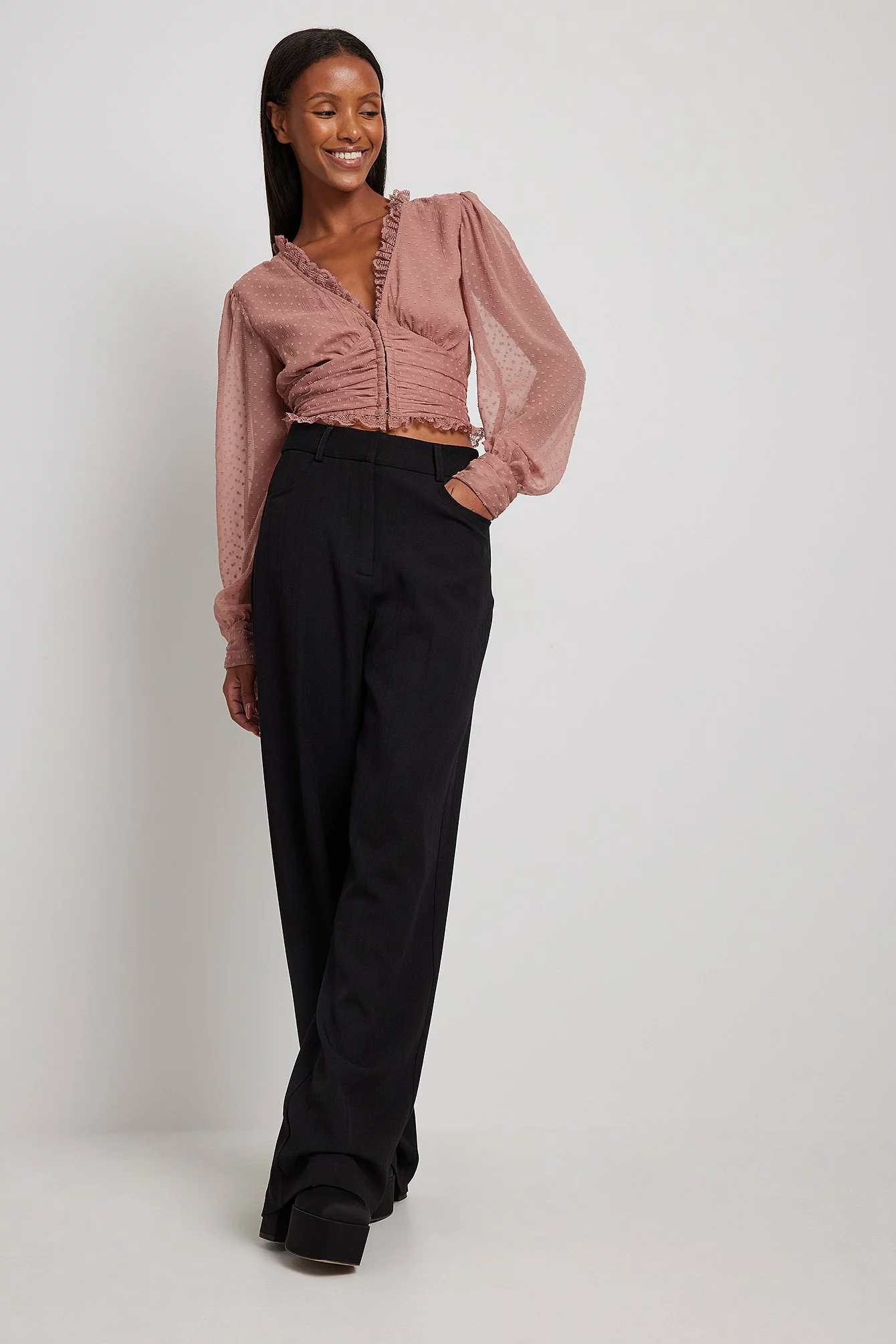 NA-KD Boho V-neck Frill Detail Dobby Blouse - Image 3