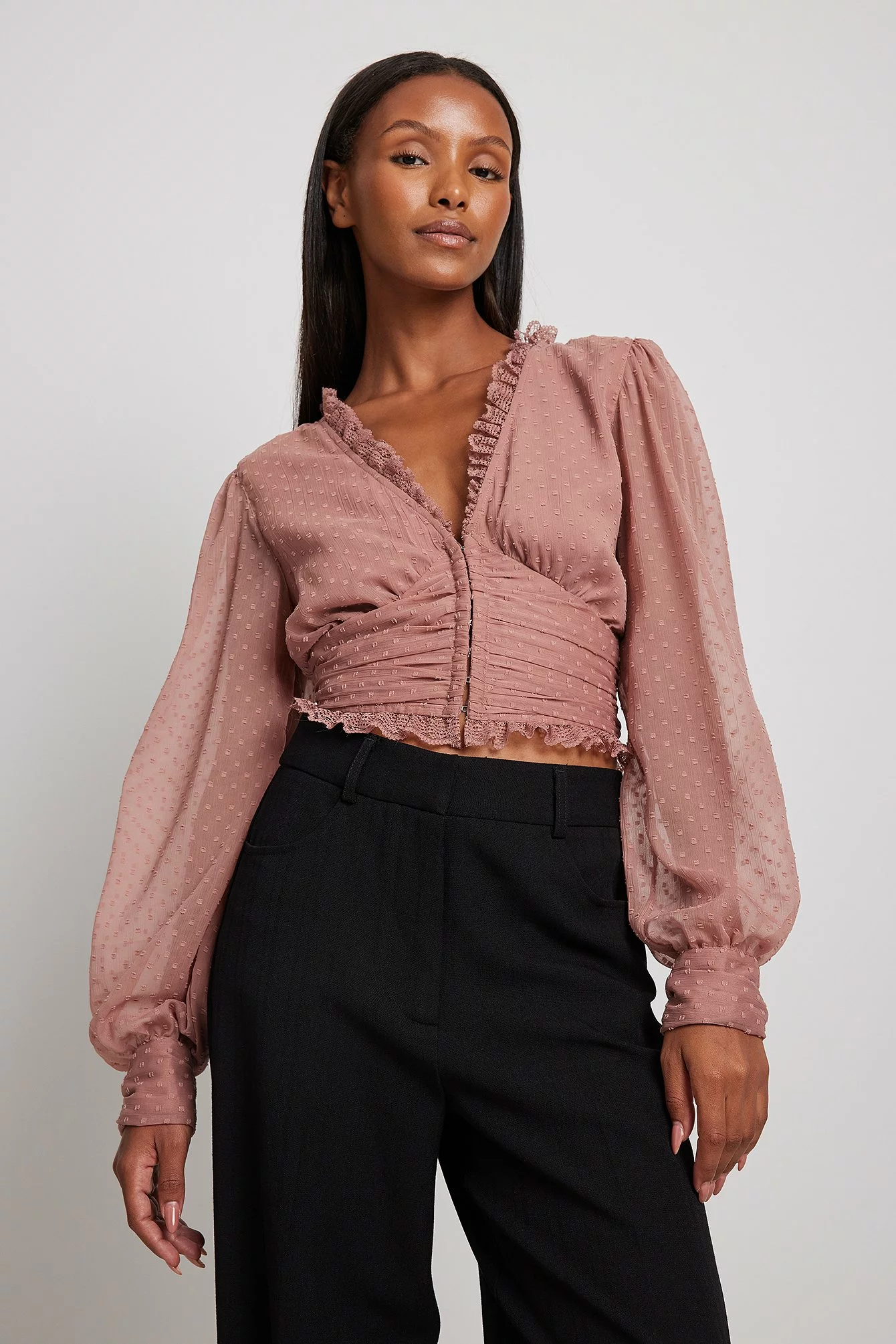NA-KD Boho V-neck Frill Detail Dobby Blouse