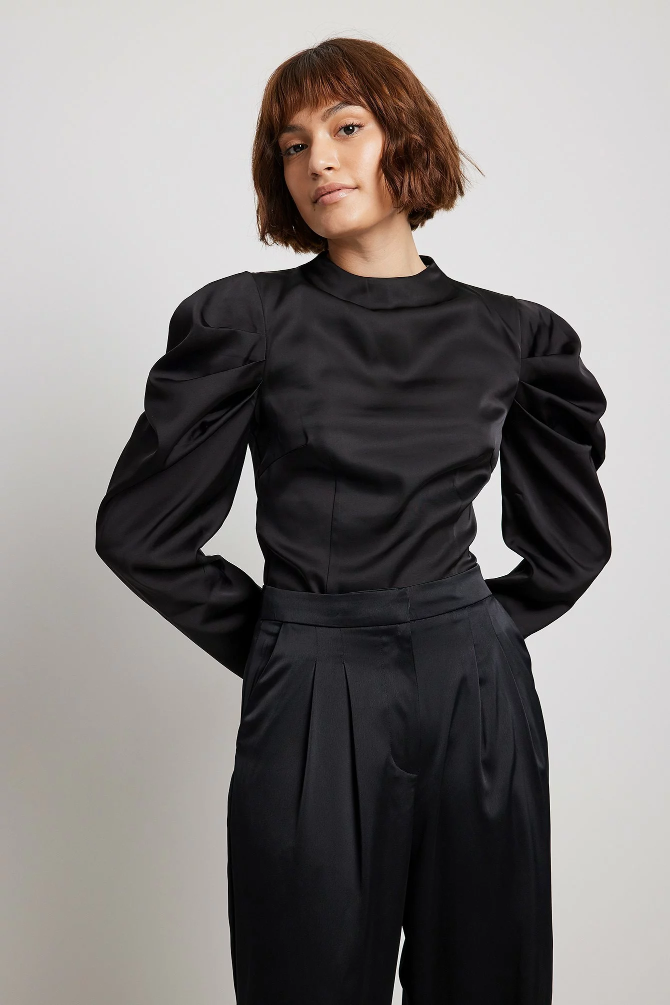 NA-KD Party Long Sleeve High Neck Satin Blouse - Image 13