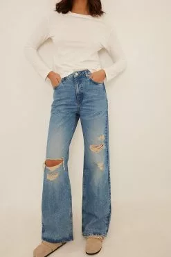 NA-KD Trend Wide Leg Distressed Denim