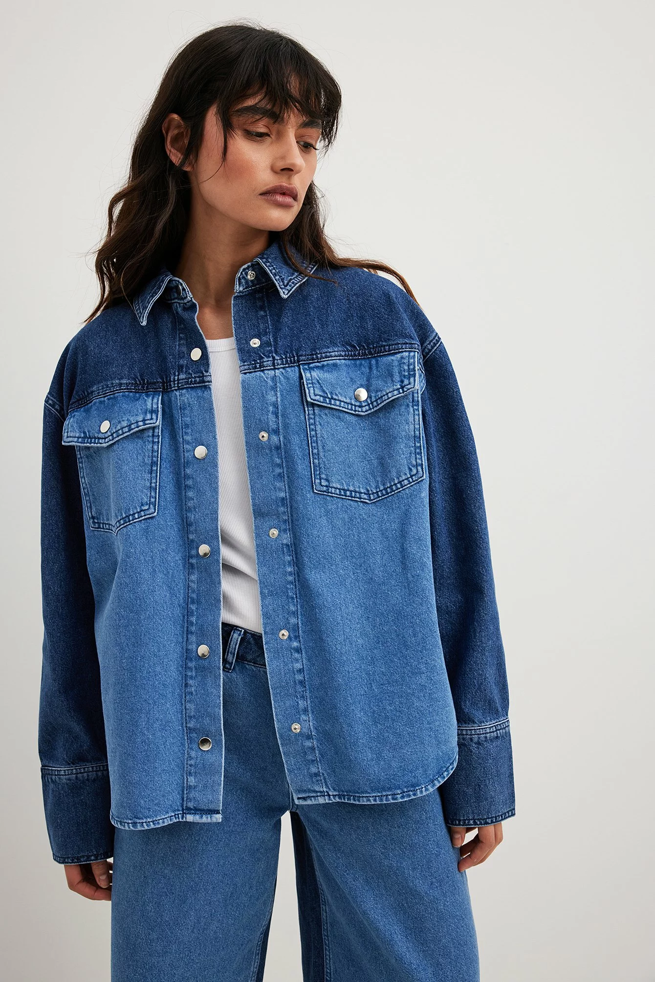 Maddy Nigmatullin X NA-KD Two Coloured Denim Shirt